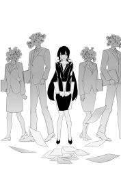  bags_under_eyes bouquet closed_mouth collared_shirt expressionless flower flying_paper folder formal greyscale high_heels highres hogi_(user_kvsm8422) holding holding_folder inabakumori jitome long_hair looking_at_viewer low_twintails monochrome object_head osage_(nukunuku_nigirimeshi) paper people shirt simple_background skirt standing suit teeth twintails white_background 