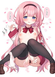  1girl absurdres black_thighhighs bottomless breasts censored fellatio_gesture heart highres knees_together_feet_apart lifted_by_self mankai_kaika navel nijisanji no_bra open_clothes panties panties_around_leg pink_hair purple_eyes pussy school_uniform simple_background sitting small_breasts solo spoken_heart spread_pussy suo_sango suo_sango_(1st_costume) thighhighs tongue tongue_out translation_request underwear virtual_youtuber  rating:Explicit score:161 user:danbooru