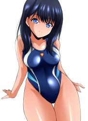  1girl arm_support black_hair blue_eyes blue_one-piece_swimsuit breasts commentary_request competition_swimsuit covered_erect_nipples gridman_universe highleg highleg_swimsuit long_hair medium_breasts one-piece_swimsuit smile solo ssss.gridman swimsuit takarada_rikka thigh_gap yamada_(fanfantaisa) 