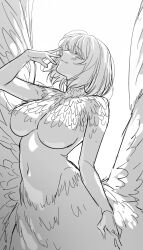  1girl absurdres blush breasts chimera commentary_request dungeon_meshi falin_touden falin_touden_(chimera) feathers greyscale hand_up highres large_breasts licking_lips looking_at_viewer medium_hair monochrome monster_girl navel nude solo tongue tongue_out wings yayoi_maka 