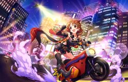  1girl aircraft boots breasts brown_eyes brown_hair building car cityscape cleavage cross-laced_footwear earrings game_cg garter_straps gloves helicopter high_heel_boots high_heels idolmaster idolmaster_cinderella_girls idolmaster_cinderella_girls_starlight_stage jewelry katagiri_sanae lace-up_boots motor_vehicle motorcycle official_art open_mouth star_(sky) thighhighs  rating:General score:0 user:shamga