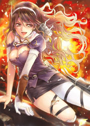  10s 1girl ashigara_(kancolle) blush breasts brown_eyes brown_hair cannon damaged elbow_gloves fire gloves hair_ornament hairband highres kantai_collection lips long_hair open_mouth pantyhose personification skirt smile solo torn_clothes torn_pantyhose turret white_pantyhose yakusa 