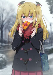  1girl bag bare_tree blonde_hair blue_eyes blush coat commentary_request demon_girl eyelashes gift head_wings highres holding holding_gift long_hair nakahira_guy original outdoors partial_commentary road scarf shoulder_bag snow snowing solo stella_flavia tokyo_succubus tree twintails wings winter winter_clothes winter_coat 