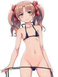  10s 1girl 2013 bare_shoulders bikini bikini_pull blush bow breasts brown_eyes brown_hair cleft_of_venus clitoris_slip closed_mouth clothes_pull collarbone female_focus gluteal_fold groin hair_bow hair_ornament highres jewelry loli long_hair looking_at_viewer mameshiba_(pixiv_59310) matching_hair/eyes micro_bikini naughty_face navel necklace nipple_slip nipples one_breast_out panties pulled_by_self purple_bikini pussy pussy_peek red_bow ribbon shiny_skin shirai_kuroko side-tie_panties simple_background small_breasts smile solo standing stomach string_bikini swimsuit toaru_kagaku_no_railgun toaru_majutsu_no_index twintails uncensored underwear undressing untied white_background  rating:Explicit score:355 user:danbooru