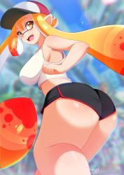  1girl aged_up artist_name ass bare_shoulders blonde_hair breasts from_behind from_below hat highres huge_ass inkling inkling_girl inkling_player_character large_breasts long_hair looking_back nintendo open_mouth orange_eyes pointy_ears shiny_skin short_shorts shorts sideboob smile solo splatoon_(series) splatoon_3 tentacle_hair thick_thighs thighs tiger1001 very_long_hair  rating:Questionable score:75 user:armorcrystal