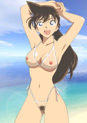  1girl armpits beach bikini blue_eyes breasts brown_hair cloud female_focus happy highres large_breasts lens_flare long_hair meitantei_conan mouri_ran nipples ocean open_mouth outdoors pussy see-through side-tie_bikini_bottom sky small_areolae small_nipples smile solo standing swimsuit third-party_edit transparent uncensored underboob water  rating:Explicit score:113 user:Retasu
