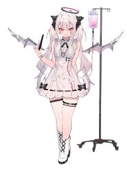  1girl :d absurdres amanatsu_leo bare_shoulders black_bow blush boots bow demon_horns demon_wings detached_wings dress frilled_dress frills full_body grey_hair grey_nails grey_wings halo hand_up highres holding holding_pen horns indie_virtual_youtuber intravenous_drip iv_stand long_hair looking_at_viewer mini_wings nail_polish open_mouth pen purple_eyes simple_background sleeveless sleeveless_dress smile solo soukou_makura standing thigh_strap two_side_up virtual_youtuber watch white_background white_dress white_footwear wings wristwatch 