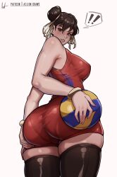  ! !! 1girl aelion_draws ass ass_focus ass_support bad_id bad_twitter_id ball blush breasts brown_eyes capcom chun-li commentary curvy double_bun english_commentary hair_bun hand_on_own_ass highres holding holding_ball huge_ass large_breasts looking_at_viewer looking_back official_alternate_costume pantylines red_shorts short_hair shorts sideboob skindentation solo spoken_exclamation_mark sportswear street_fighter street_fighter_6 sweat thick_thighs thighhighs thighs toned volleyball_(object) volleyball_uniform white_background 