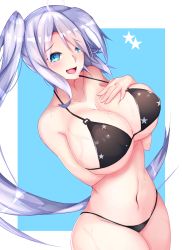  1girl alternate_breast_size arm_under_breasts azur_lane bikini black_bikini blue_background blue_eyes breasts cleavage fang female_focus hand_on_own_chest highres large_breasts long_hair looking_at_viewer monotosu portland_(azur_lane) purple_hair side_ponytail skin_fang solo string_bikini swimsuit two-tone_background very_long_hair wet white_background 