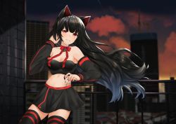 1girl absurdres black_hair black_skirt black_thighhighs black_tube_top blurry blurry_background breasts building city cleavage cloud cloudy_sky commission cowboy_shot crane crymsie detached_sleeves highres indie_virtual_youtuber lanfear large_breasts long_hair looking_at_viewer miniskirt neck_ribbon outdoors red_eyes red_ribbon ribbon second-party_source skirt sky skyscraper solo strapless thighhighs tube_top twilight very_long_hair virtual_youtuber vrchat