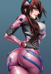 00s 1girl ass blue_background blue_eyes bodysuit breasts brown_hair covered_erect_nipples curvy evangelion:_2.0_you_can_(not)_advance finger_to_mouth glasses hand_on_own_hip highres hip_focus huge_ass impossible_clothes large_breasts lips long_hair makinami_mari_illustrious neon_genesis_evangelion plugsuit rebuild_of_evangelion red-framed_eyewear sadakage simple_background skin_tight solo twintails wedgie wide_hips rating:Questionable score:502 user:AkiyamaMio