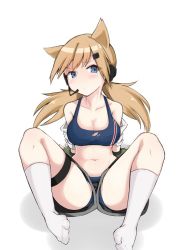 1girl alternate_breast_size animal_ears blonde_hair blue_eyes blue_panties blush breasts cat_ears collarbone girls&#039;_frontline headset idw_(girls&#039;_frontline) kumasteam legband long_hair looking_at_viewer low_twintails medium_breasts navel panties shorts simple_background sitting solo spread_legs thigh_strap torn_clothes twintails underwear upshorts white_background rating:Sensitive score:99 user:danbooru
