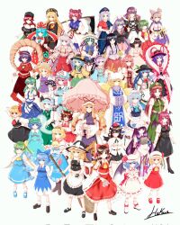  6+girls alice_margatroid animal_ears apron bat_wings black_hair blonde_hair blue_eyes blue_hair breasts broom brown_eyes brown_hair cat_ears cat_girl cat_tail chen cirno daiyousei doll dress fairy_wings flandre_scarlet fox_girl fox_tail frills fujiwara_no_mokou gohei green_eyes green_hair hair_ribbon hairband hakua_illustrat hakurei_reimu hand_fan hat hecatia_lapislazuli highres hijiri_byakuren hinanawi_tenshi holding holding_fan holding_gohei holding_umbrella hong_meiling houraisan_kaguya ibaraki_kasen ice ice_wings inaba_tewi izayoi_sakuya junko_(touhou) kagiyama_hina kawashiro_nitori kazami_yuuka kirisame_marisa koakuma kochiya_sanae komeiji_koishi komeiji_satori konpaku_youmu large_breasts lolita_hairband long_hair long_sleeves maid_headdress medium_breasts medium_hair mob_cap moriya_suwako multiple_girls multiple_tails nagae_iku navel ofuda onozuka_komachi pants patchouli_knowledge pink_hair ponytail puffy_sleeves purple_eyes rabbit_ears red_eyes red_hair reisen_udongein_inaba remilia_scarlet ribbon rumia saigyouji_yuyuko shameimaru_aya shiki_eiki shirt short_sleeves skirt small_breasts sword tabard tail tokin_hat touhou toyosatomimi_no_miko two_side_up umbrella vampire very_long_hair vest weapon white_background white_hair wings yagokoro_eirin yakumo_ran yakumo_yukari yasaka_kanako yellow_eyes 