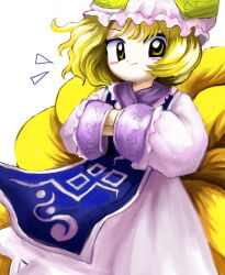  1girl blonde_hair blue_tabard closed_mouth cowboy_shot dress fox_tail hands_in_opposite_sleeves hat highres long_sleeves looking_at_viewer medium_hair mob_cap multiple_tails perfect_cherry_blossom pink_dress pink_hat simple_background solo tabard tail touhou white_background yakumo_ran yakumora_n yellow_eyes zun_(style) 