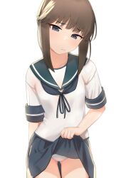  1girl blue_eyes blue_neckerchief blue_sailor_collar blue_skirt breasts brown_hair closed_mouth clothes_lift commentary cowboy_shot dot_nose fubuki_(kancolle) gluteal_fold half-closed_eyes highres kantai_collection lifted_by_self light_blush looking_at_viewer medium_hair neckerchief panties sailor_collar sakieko shirt short_sleeves sidelocks skirt skirt_lift small_breasts solo thighs underwear white_background white_panties white_shirt  rating:Sensitive score:23 user:danbooru