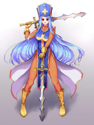 1girl blue_hair bodysuit boots breasts cross dragon_quest dragon_quest_iii dual_wielding full_body gloves hat highres holding holding_sword holding_weapon large_breasts long_hair looking_at_viewer mitre orange_bodysuit priest_(dq3) raochuu red_eyes smile solo sword tabard weapon rating:Sensitive score:7 user:danbooru
