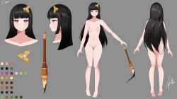  1girl ass black_hair breasts brush china chinese completely_nude concept_art doppel_(cursed_atelier) doppel_(kitsune2014130023) green_eyes highres long_hair multicolored_eyes nipples nude pink_hair small_breasts 
