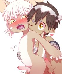  1boy 1boy_1girl 1girl :3 :q animal_ears brown_hair furry furry_female futa_with_male futanari heart loli made_in_abyss nanachi_(made_in_abyss) open_mouth penis rabbit_ears rabbit_tail regu_(made_in_abyss) short_hair simple_background tail tongue tongue_out uncensored white_background white_hair yellow_eyes 