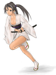 1girl breasts cleavage japanese_clothes katana kimono legs obi oboro_(squeeze) original running sandals sash short_kimono solo sword tabi twintails weapon yukata zori zouri
