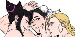  3girls arm_above_head arm_up bare_shoulders black_eyes black_hair black_nails blonde_hair braid bun_cover cammy_white capcom chun-li copyright_request cropped double_bun efd eyeshadow hair_bun hair_horns hair_ornament hair_tie han_juri hand_on_another&#039;s_face light_frown looking_at_another looking_to_the_side makeup multiple_girls scar scar_on_face sexually_suggestive short_hair smile street_fighter teeth white_background yuri 