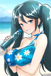  1girl arm_under_breasts bikini blue_bikini blue_eyes blue_hair blurry blurry_background blush bottle breasts furaggu_(frag_0416) highres holding holding_bottle isuzu_(kancolle) kantai_collection large_breasts long_hair looking_at_viewer ramune solo swimsuit twintails upper_body 