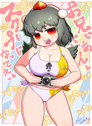 1girl adapted_costume bikini breasts grey_hair hat highres large_breasts midriff pom_pom_(clothes) red_eyes red_hat shameimaru_aya smile solo swimsuit thighs tokin_hat touhou yonaki