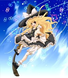  +_+ 1girl apron bad_id bad_pixiv_id blonde_hair bloomers broom broom_surfing female_focus full_body gradient_background hat highres kirisame_marisa m-y-w mary_janes shoes skirt socks solo star_(symbol) touhou underwear witch witch_hat yellow_eyes 
