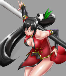  1girl akaiwasi arc_system_works black_bra black_hair blazblue blazblue:_calamity_trigger bra breasts china_dress chinese_clothes cleavage dress female_focus glasses lao_jiu litchi_faye_ling long_hair polearm ponytail red_eyes simple_background solo staff underwear very_long_hair weapon 