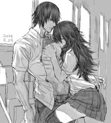  1boy 1girl abs assertive_female bad_id bad_source bad_twitter_id black_hair blush clothes_lift dated greyscale hetero indoors licking licking_nipple long_hair monochrome nipple_stimulation open_clothes open_shirt original pleated_skirt school_uniform shirt shirt_lift skirt sucking_male_nipple survival_yaiba thighhighs window 