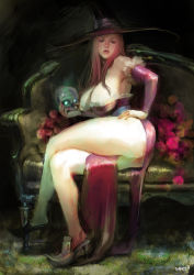 1girl ass bare_shoulders breasts cleavage couch detached_sleeves dragon&#039;s_crown dress hat highres huge_breasts crossed_legs lips long_hair looking_at_viewer pink_hair realistic side_slit sitting skull solo sorceress_(dragon&#039;s_crown) strapless strapless_dress thighs toraji witch_hat rating:Sensitive score:49 user:danbooru