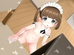  1girl 3d 3d_custom_girl armband black_ribbon blue_eyes blush breasts brown_hair cleaning cleft_of_venus detached_collar eroi_hito loli long_hair looking_at_viewer maid maid_headdress navel neck_ribbon nipples nude open_mouth pussy ribbon small_breasts smile sparkle standing twintails 