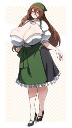  1girl absurdres apron bare_arms barmaid blue_eyes blush breasts brown_hair cleavage commission corset dress frilled_dress frills full_body gigantic_breasts hair_between_eyes hat head_scarf high_heels highres holding holding_plate konoshige_(ryuun) long_hair looking_at_viewer mature_female miori_(strakemoon) original plate shiny_skin simple_background skindentation smile solo standing waist_apron  rating:Sensitive score:63 user:MWAsura