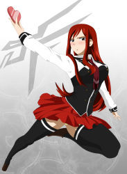  blush brown_eyes erza_scarlet fairy_tail heart highres long_hair panties red_hair school_uniform skirt solo stiky_finkaz thighhighs underwear  rating:Questionable score:34 user:stiky-finkaz