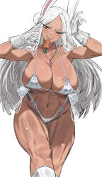  1girl abs absurdres animal_ears bare_shoulders bikini blush boku_no_hero_academia breasts carrot cleavage collarbone dark-skinned_female dark_skin gloves highleg highleg_bikini highres jewelry large_breasts long_eyelashes long_hair mirko mouth_hold muscular muscular_female navel necklace nuo_(fttv3255) one_eye_closed parted_bangs rabbit_ears rabbit_girl red_eyes revision smile solo swimsuit thick_thighs thighs white_hair 