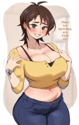  1girl amaha_masane blue_pants breasts brown_eyes brown_hair casual cleavage collarbone denim highres jeans large_breasts lightsource looking_at_viewer mature_female navel open_mouth pants short_hair smile solo witchblade  rating:Sensitive score:35 user:danbooru