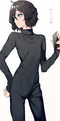  1boy absurdres ahoge black_hair blue_eyes bodysuit cellphone hand_on_own_hip highres holding holding_phone indie_virtual_youtuber kushizaki_(vtuber) looking_to_the_side male_focus medium_hair phone ribbed_sweater simple_background smartphone solo st_(youx1119) sweatdrop sweater translated trap turtleneck virtual_youtuber white_background  rating:Sensitive score:26 user:danbooru