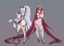  2girls :o absurdly_long_hair absurdres anal anal_object_insertion anal_tail arched_back areola_slip arm_under_breasts artist_request ass asymmetrical_clothes azur_lane back-to-back bare_arms bare_hips bare_shoulders belt_bra black_footwear blush bow breasts butt_plug commentary covered_nipples cross cross_earrings curvy earrings english_commentary fake_tail feather_boa from_side full_body gloves gradient_background grey_background hair_intakes hair_ornament hair_tie hair_tubes hairband half-closed_eyes halo hand_up heart high_heels highres hindenburg_(azur_lane) hoop_earrings horns jewelry kearsarge_(azur_lane) kneehighs large_breasts leotard long_hair looking_at_viewer looking_to_the_side mole mole_on_breast mole_under_eye multiple_girls no_tail no_wings object_insertion parted_lips pink_eyes pink_nails pointy_ears ponytail red_eyes red_hair revealing_clothes see-through see-through_gloves senyee sex_toy shoes sideboob sidelocks single_bare_leg single_kneehigh single_sock single_thighhigh skindentation socks standing stiletto_heels stirrup_legwear tail thigh_strap thighhighs thighs thong_leotard toeless_legwear underboob very_long_hair white_hair white_hairband white_thighhighs 