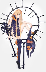  1girl abigail_williams_(fate) abigail_williams_(second_ascension)_(fate) absurdres barefoot black_bow black_hat black_panties black_thighhighs blonde_hair bow facing_viewer fate/grand_order fate_(series) flat_chest full_body hair_bow hat hat_bow highres key keyhole long_hair looking_at_viewer multiple_bows multiple_hat_bows navel orange_bow oversized_object panties pare parted_bangs polka_dot polka_dot_bow red_eyes revealing_clothes simple_background single_thighhigh sitting solo stuffed_animal stuffed_toy suction_cups teddy_bear thighhighs underwear unworn_hat unworn_headwear very_long_hair white_background witch_hat 