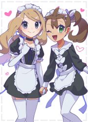  2girls ;d apron black_dress black_eyes blonde_hair brown_hair creatures_(company) dress elbow_gloves game_freak gloves green_eyes heart highres holding_hands long_hair long_sleeves looking_at_viewer maid maid_apron maid_headdress multiple_girls nintendo omochi_(omotimotittona3) one_eye_closed open_mouth pantyhose pokemon pokemon_xy puffy_short_sleeves puffy_sleeves serena_(pokemon) shauna_(pokemon) short_sleeves smile thighhighs twintails white_gloves white_pantyhose white_thighhighs 