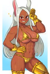  1girl abs absurdres animal_ears bikini blue_background boku_no_hero_academia border breasts cleavage collarbone crescent dark-skinned_female dark_skin dashi_(dashiart) gold_bikini gold_gloves gold_thighhighs gradient_background hand_on_own_hip hand_up highres large_breasts long_eyelashes long_hair looking_at_viewer mirko navel parted_bangs patreon_username rabbit_ears rabbit_girl rabbit_tail raised_eyebrow red_eyes smile solo sparkle stomach swimsuit tail thick_thighs thighhighs thighs toned_female very_long_hair white_border 