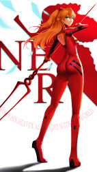  1girl artist_request ass ass_focus blue_eyes bodysuit breasts brown_hair floating_hair full_body hairpods holding holding_weapon huge_ass interface_headset lance lance_of_longinus_(evangelion) logo long_hair looking_at_viewer looking_back neon_genesis_evangelion nerv pilot_suit plugsuit polearm red_bodysuit shiny_clothes simple_background smile solo souryuu_asuka_langley twintails two_side_up very_long_hair weapon white_background wide_hips  rating:Sensitive score:6 user:popotepopote