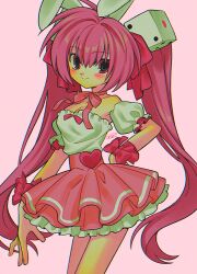  1girl animal_ears arm_at_side bare_shoulders blush_stickers bow breasts chromatic_aberration cleavage closed_mouth commentary cowboy_shot detached_sleeves di_gi_charat dice_hair_ornament frilled_shirt frills hair_between_eyes hair_ornament hair_ribbon hand_on_own_hip high-waist_skirt highres long_hair menma_(enaic31) neck_ribbon pink_background pink_eyes pink_hair pink_ribbon pink_skirt puffy_detached_sleeves puffy_sleeves rabbit_ears ribbon shirt shirt_bow shirt_tucked_in signature skirt small_breasts smile solo standing strapless strapless_shirt twintails usada_hikaru very_long_hair white_shirt wrist_ribbon 
