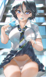 1girl bababababan black_hair blue_eyes blue_skirt blurry blurry_background breasts chromatic_aberration clothes_lift collared_shirt commentary_request cowboy_shot food highres large_breasts lifting_own_clothes loose_necktie necktie open_collar original panties pleated_skirt popsicle shirt short_hair short_sleeves sitting sitting_on_stairs skirt skirt_lift stairs sweat underwear white_panties white_shirt rating:Questionable score:19 user:danbooru