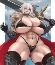 1girl abs armor bikini_armor black_armor breasts cape cleavage cloud cloudy_sky commission earclip fur-trimmed_armor fur_trim gauntlets gigantic_breasts highres holding holding_sword holding_weapon huge_weapon leg_armor looking_at_viewer muscular muscular_female nastart navel original red_cape red_eyes shiny_skin short_hair shoulder_armor skindentation sky solo sword teeth thick_thighs thighs veins veiny_breasts weapon white_hair rating:Sensitive score:33 user:danbooru