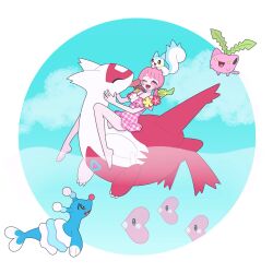  1boy :d blue_sky brionne cloud comfey commentary_request creatures_(company) crossdressing crossover day flying full_body game_freak gen_2_pokemon gen_3_pokemon gen_4_pokemon gen_7_pokemon highres hoppip king_of_prism latias legendary_pokemon licking licking_another&#039;s_face low_twintails luvdisc male_focus nintendo nyaasechan one-piece_swimsuit one_eye_closed open_mouth outdoors pachirisu pink_eyes pink_hair pink_one-piece_swimsuit pokemon pokemon_(creature) pretty_rhythm pretty_series riding riding_pokemon saionji_leo short_hair sitting sky smile swimsuit trap twintails 
