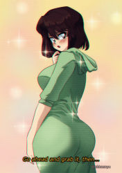  1990s_(style) 1girl absurdres akkasayu ass ass_focus blush breasts brown_eyes brown_hair come_hither commission dress highres huge_ass large_breasts long_hoodie looking_at_viewer looking_back original retro_artstyle short_hair solo subtitled sweater sweater_dress tomboy  rating:Sensitive score:34 user:Lemalas