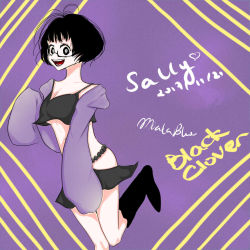  1girl black_clover black_eyes black_hair boots breasts crop_top glasses heart hip_vent long_sleeves looking_at_viewer mialalan open_mouth purple_background sally_(black_clover) short_hair short_shorts shorts sleeves_past_fingers sleeves_past_wrists solo  rating:Sensitive score:4 user:kzmeteor