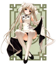 1girl absurdres ahoge bare_shoulders black_panties bow bow_panties breasts brown_eyes china_dress chinese_clothes clothes_lift dragon_print dress dress_lift elbow_gloves flat_chest gloves grey_hair hair_bow hashimoto_takashi highres kasugano_sora legs long_hair long_legs panties pantyshot scan shoes sitting small_breasts solo thighhighs thighs twintails underwear very_long_hair white_gloves white_thighhighs yosuga_no_sora rating:Sensitive score:67 user:danbooru