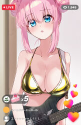  1girl bare_shoulders big_hair bikini blue_eyes blurry blurry_background blush bocchi_the_rock! breasts cake cleavage collarbone commentary_request double_bun electric_guitar food gold_bikini gotoh_hitori guitar hair_between_eyes hair_bun heart highres hiyoko_biimu instrument large_breasts livestream looking_at_viewer parted_lips pink_hair solo swimsuit yellow_bikini 