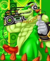  1boy abs boombox cowboy_shot furry furry_male gloves highres male_focus muscular nude penis radio reptile sega solo sonic_(series) standing teeth vector_the_crocodile yellow_eyes  rating:Explicit score:5 user:kanethebane